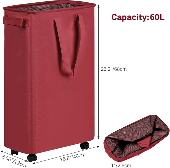 efluky Slim Laundry Hamper with Wheels, Rolling Laundry Basket for Clothes, Small Laundry Basket for Bedroom, Dorm and Laundry Room, 60L (12.7 Gallons) Red