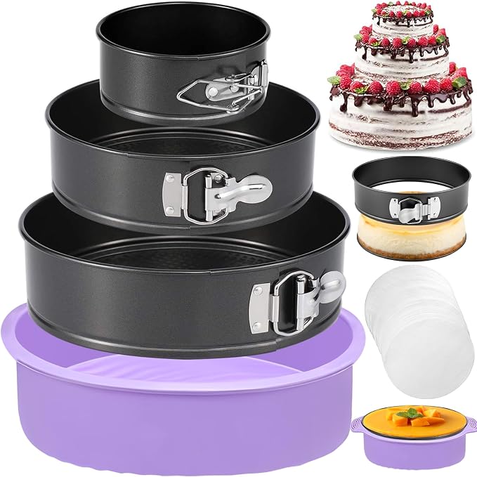 Springform Pan Set of 3 Leakproof Spring Form Pan for Cheesecake, Nonstick 4 7 9 Inch Cheesecake Pan with Silicone Protector, Springform Cheese Cake Pans Sets for Baking with 50Pcs Parchment Paper