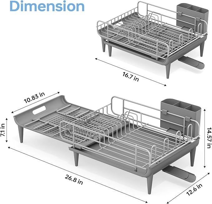 TOOLF Large Dish Drying Rack, Expandable Dish Rack for Kitchen Counter, Multifunctional Dish Drainer, Organization and Storage Essentials with Cup & Cutlery Holders, 16.7"-26.8" L x 12.6" W, Gray