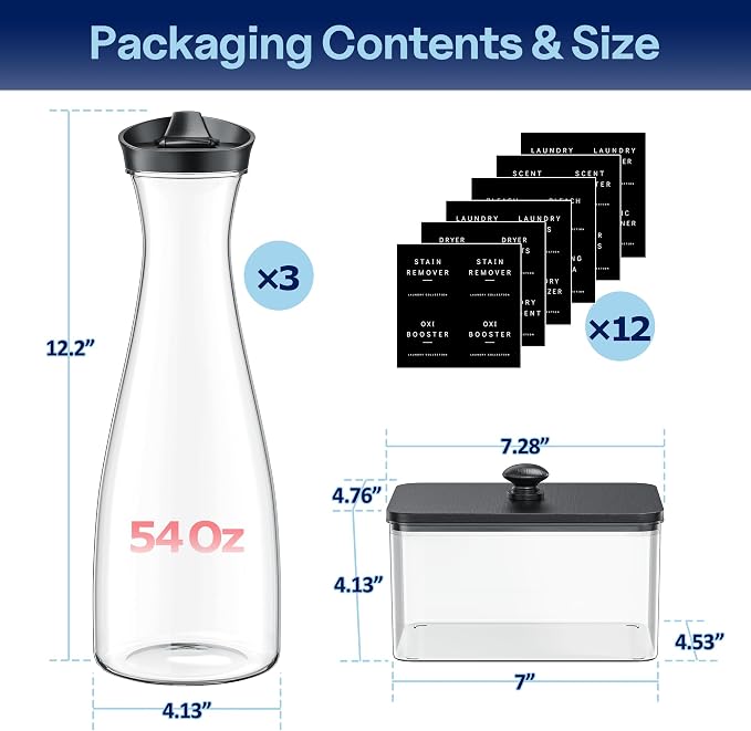 3 +1 Pack Laundry Detergent Dispenser with Dryer Sheet Holder | 54OZ Large Capacity Liquid Laundry Soap Dispenser, Black Laundry Room Organization and Storage for Powder and Fabric Softener