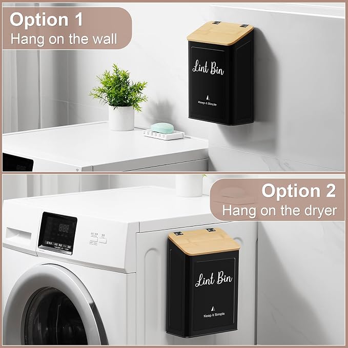 SUBEKYU Magnetic Lint Bin for Laundry Room Organization and Storage,Black | Wall Mounted Metal Lint Box Holder Trash Can with Bamboo Lid for Dryer,Lint Basket for Laundry Room Decor