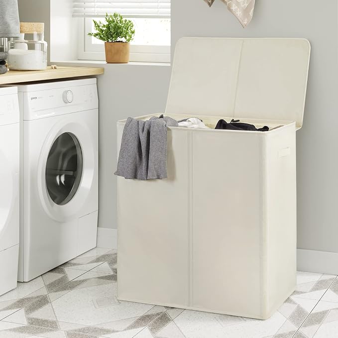 WOWLIVE 154L Double Laundry Hamper 2 Section with Lid and Removable Bags | Divided Laundry Basket, Large Dirty Clothes Hamper with Handle, Collapsible Laundry Storage for Dorm Room, College, Beige