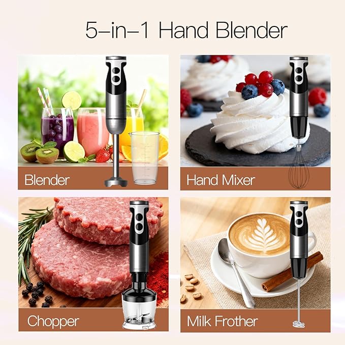 MegaWise 5-in-1 Hand Blender, Powerful Immersion Stick Blender with Titanium Reinforced Blades, 12-Speed Control, Includes Chopper, Beaker, Whisk & Frother for Smoothies & Baby Food