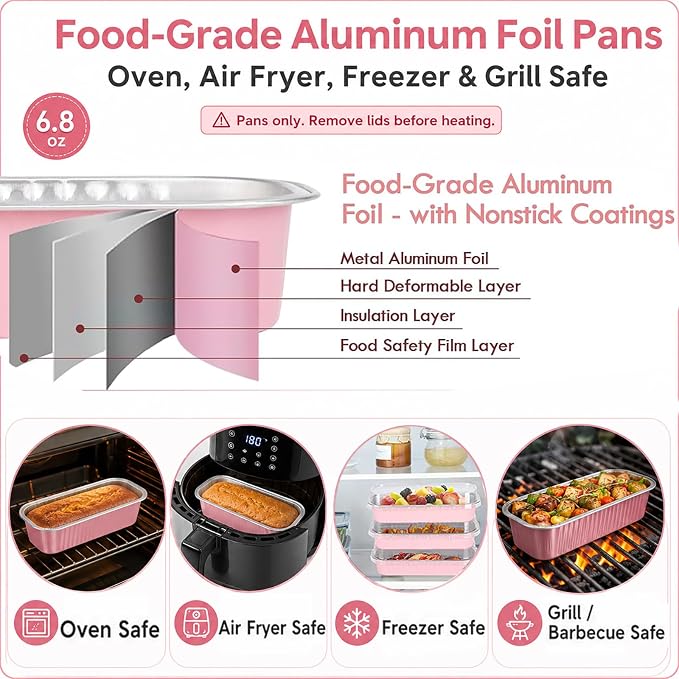 YQER 25 Pack Mini Cake Pans with Lids and Spoons, 6.8 oz Pink Disposable Aluminum Foil Mini Loaf Pans with Stickers, Individual Small Dessert Cake Tins Containers for Small Batch Baking, Parties Treat