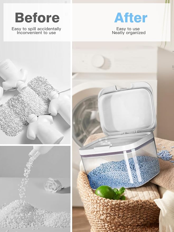 5.5L/12Lbs Laundry Powder Detergent Container with Lid | PET Clear Pods Dispenser with One-Press Lid and Measuring Cup 200oz (270 Pods)