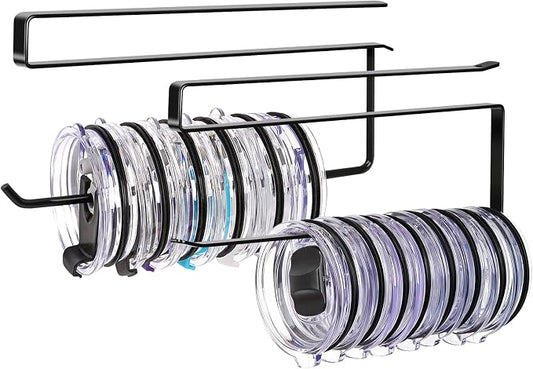 2 Pack Tumbler Lid Organizer, Versatile Storage Holds 20 Lids, Round&Flat | Space Saving Cup Lid Organizers Inside Cabinet Tumbler Lid Hook for Pantry Kitchen Organizer, Paper Towel Rack Hanger, Black