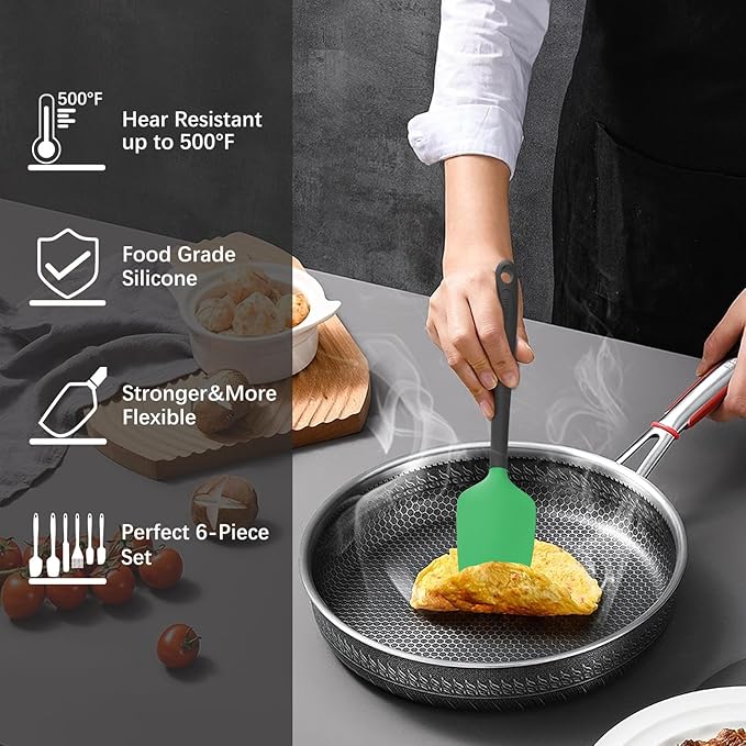 Silicone Spatula Set, 6 Pieces Food Grade Kitchen Utensils with Silicone Brush Heat Resistant Dishwasher Safe BPA-free Rubber Spatula for Scraping, Baking, Cooking, Mixing (Green)