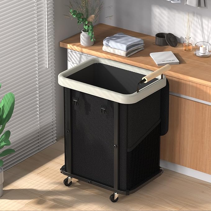 Laundry Hamper with Lid,150L Rolling Laundry Basket with Wheels & Handle | Leather Patchwor Dirty Clothes Hamper,Laundry Basket Organizer for Bedroom Aesthetic,Laundry Room,Dorm - Black Gray