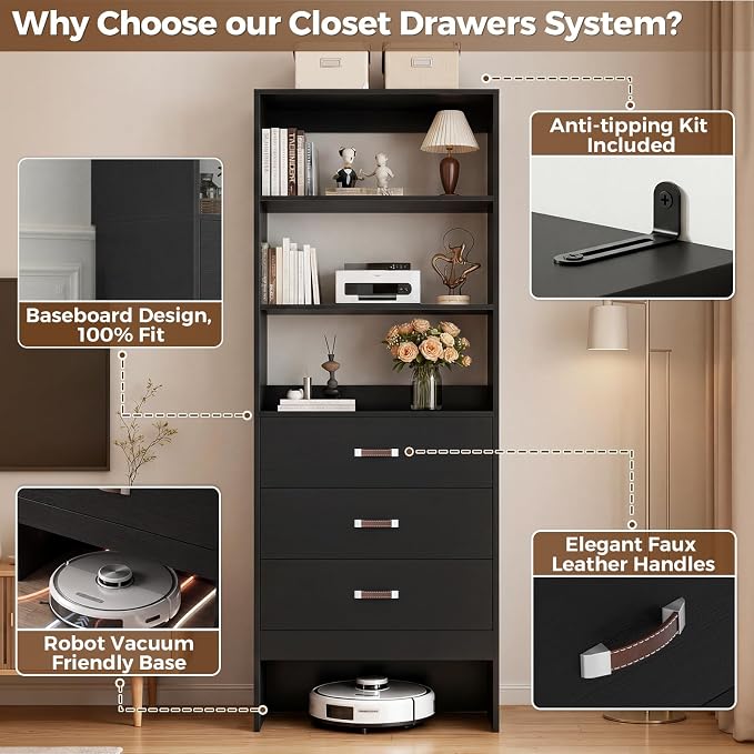 Armocity Freestanding 2FT Closet System with Leather Handles, 24" Walk-in Closets Storage Unit with Cabinet, Wood Wardrobe Closet Organizer and Storage with 3 Drawers for Small Space, Laundry, Black