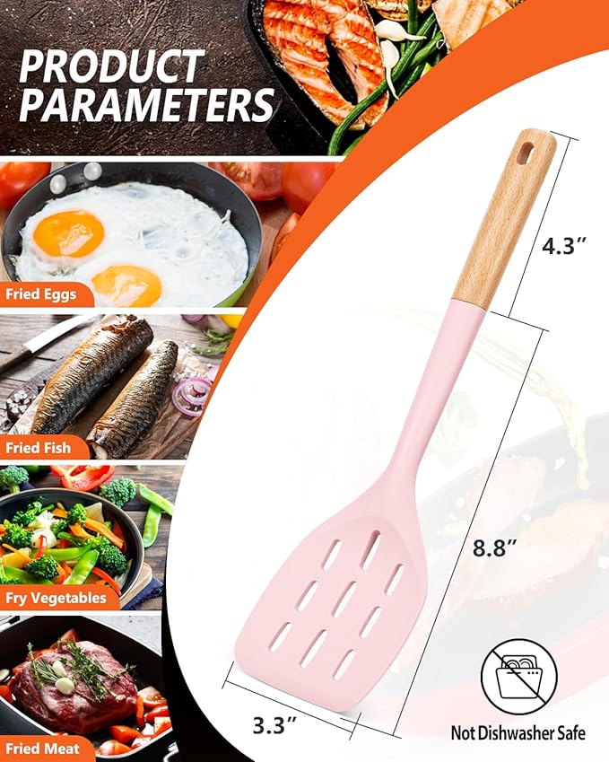 Pack of 2 Silicone Spatula, Non Stick Cooking Utensil Set Wooden Handle Kitchen Turner for Baking Mixing Grilling Serving Food Heat Resistant Non Scratch Hooks Included (Pink)