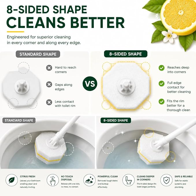 Toilet Wand Refills 60 Count Lemon Scent – Disposable Toilet Bowl Cleaner Brush Heads with Fresh Citrus Fragrance, Fits Most Standard Toilet Wand Handles, Hygienic No-Touch Cleaning Sponge Pads