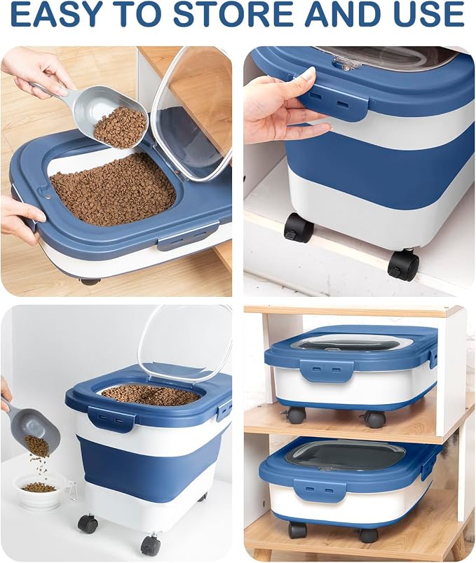 20-23Lbs Dog Food Storage Container Airtight,Collapsible Dog Food Container | Pet Food Storage with Double Airtight Seal & Magnetic Lid,Cat Food Container with Wheels for Easy Moving,Small Jar,Scoop