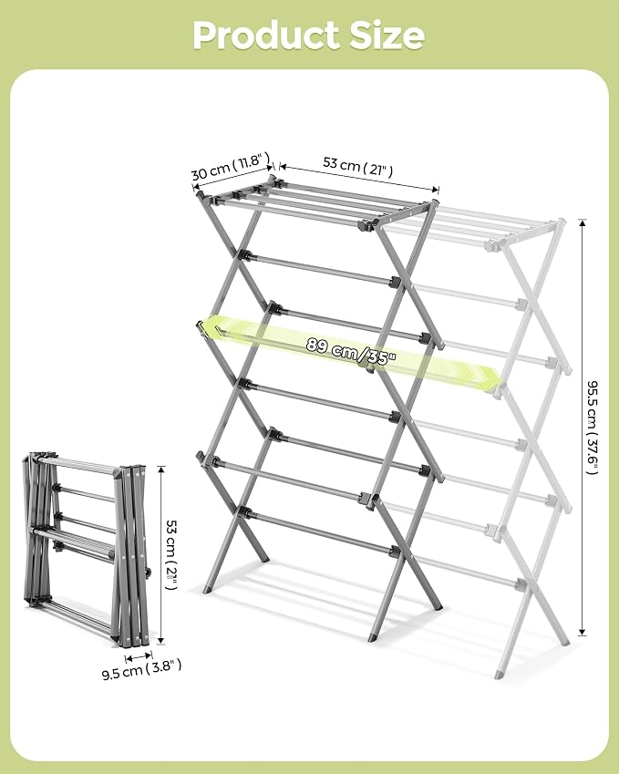 APEXCHASER 3-Tier Foldable Clothes Drying Rack, 37.6" H, Grey/Black | Rust-resistant Metal, Tool-free Assembly, Extendable Drying Hanger, Fold Flat to Easy Storage, 11.8" D x 35" W, Holds 24lbs
