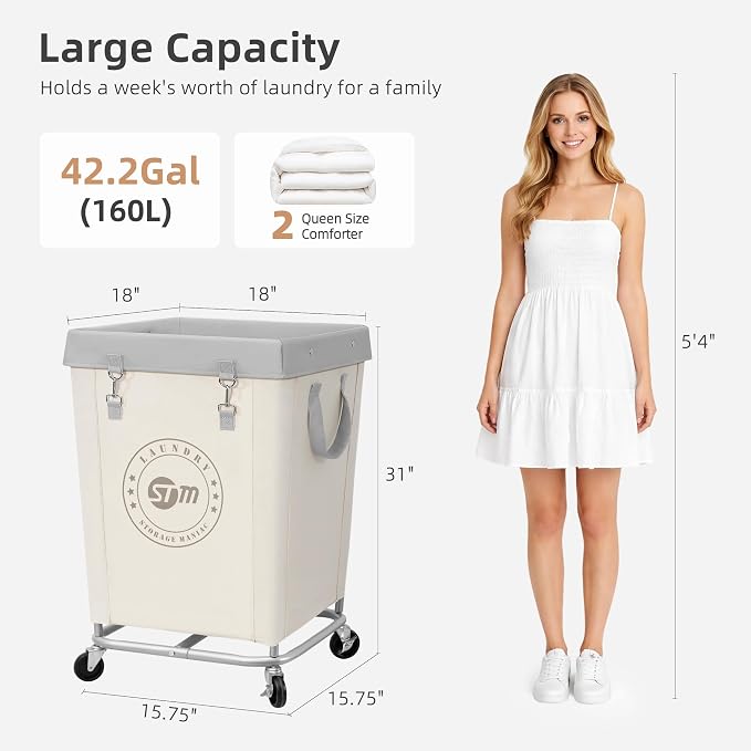 STORAGE MANIAC Commercial Laundry Hamper with Heavy Duty Steel Frame, 160 L Industrial Clothes Basket Cart with Wheels for Big Family, Home, Hotel, Laundry Room, 18''L x 18''W x 31''H, Medium Beige
