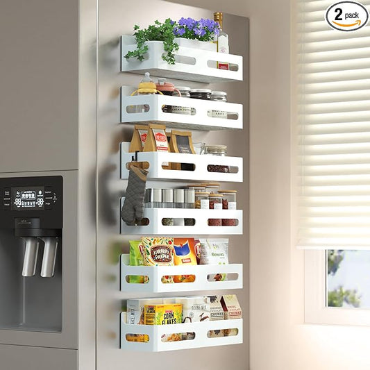 Sevenblue 6-Pack Magnetic Spice Rack for Refrigerator with Hooks, White | Strong multipurpose magnetic shelf for kitchen & bathroom organization. Includes 4 removable hooks for hanging items.