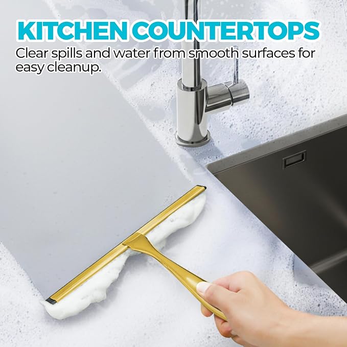 ALFLOD 12" Shower Squeegee for Glass Doors, Tile Walls, Car Windows, Gold | Bathroom accessories, new home essentials, silicone blade, metal handle, adhesive hook, household tool, multipurpose cleaner