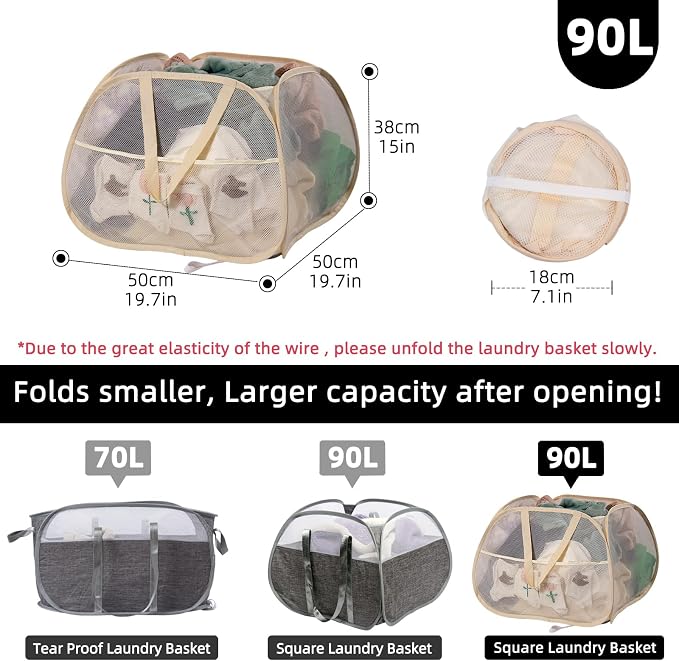 Collapsible Laundry Basket, 90L Mesh Pop-up Hamper with Handles | Foldable Storage Clothes Bag for Laundry, Bathroom, Dorm, Travel, Camping, Space-saving, Beige, 2PCS