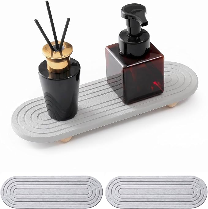 2PCs Instant Dry Stone Sink Tray, 11.8x3.9 Water Absorbing Diatomite Stone Tray for Sink with Wooden Feet, Sink Caddy Stone, Kitchen Sink Organizer (Light Grey)