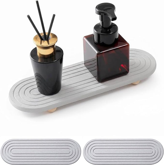 2PCs Instant Dry Stone Sink Tray, 11.8x3.9 Water Absorbing Diatomite Stone Tray for Sink with Wooden Feet, Sink Caddy Stone, Kitchen Sink Organizer (Light Grey)