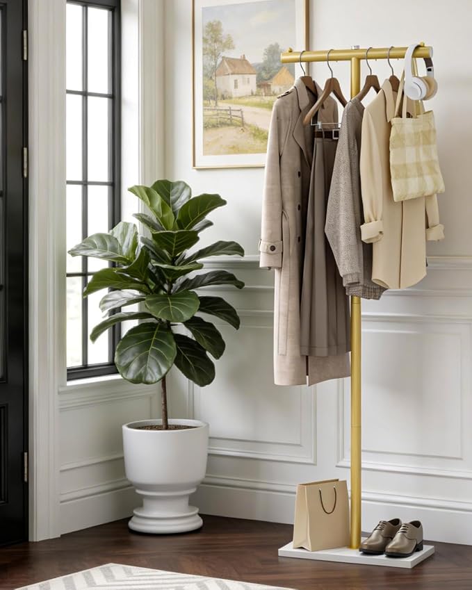 T-shaped Coat Rack Freestanding, Modern Clothes Rack with Rock Slab Base, Heavy-duty Metal Coat Tree for Boutiques, Hallway, Entryway, 68.9 Inches High, Golden Yellow, GYJ001WJ