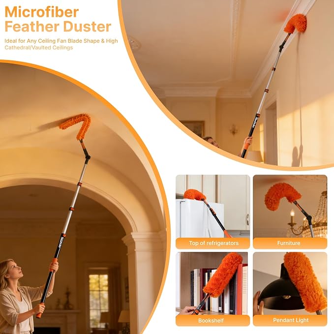 20ft High Ceiling Duster Kit, 4-12ft Heavy-Duty Extension Pole, Long Handle | Ceiling Fan Duster, Cobweb Duster, Microfiber Duster, Window Squeegee & Cleaner, Wall Duster for High Reach Cleaning, 11Pcs
