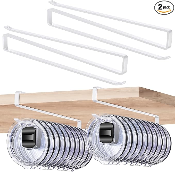 2 Pack Tumbler Lid Organizer, Cup Lid Holder for 24 Lids Under Cabinet, Space Saving Hook for Kitchen Storage and Coffee Cups, No Drilling, Carbon Steel, (White)