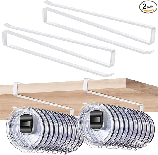 2 Pack Tumbler Lid Organizer, Cup Lid Holder for 24 Lids Under Cabinet, Space Saving Hook for Kitchen Storage and Coffee Cups, No Drilling, Carbon Steel, (White)