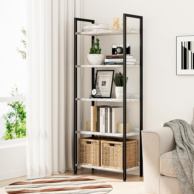 NUMENN Bookshelf, 5 Tier Freestanding Shelving Unit, White Marble | Metal Frame & Wood Shelves, Falling Prevention Baffle, Open Storage Bookcase for Bedroom, Living Room & Home Office