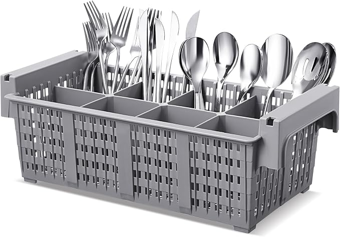 Maxdot 16inch Dishwasher Silverware Cutlery Basket 8 Compartments Washing Basket with Handle Utensil Holder Silverware Drying Rack for Kitchen Commercial(Grey)