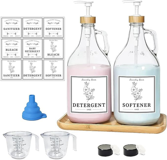 2 Pcs Glass Laundry Detergent Dispenser Bottle, Liquid Laundry Soap Dispenser for Laundry Room, 64oz Detergent Bleach Softener Dispenser for Farmhouse Decor, Includes Bamboo Pumps Tray Funnel Labels