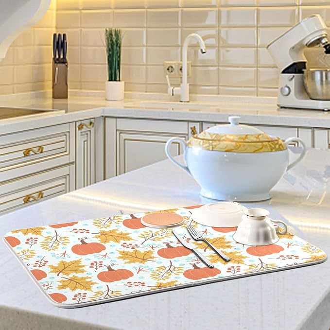 Fall Pumpkin Dish Drying Mat for Kitchen Autumn Maple Leaves Thanksgiving Day Microfiber Drying Mats Absorbent Reversible Dish Pad Medium Dish Draining Mat 16x18 inch