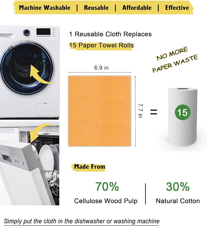 MoLKENE Swedish Dishcloths - 10 Pack Reusable Kitchen Dishcloths - Ultra Absorbent Dish Towels for Washing Dishes - Cellulose Sponge Cloth Cleaning Cloths - Orange