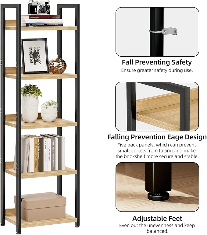 NUMENN Narrow Bookshelf, 5 Tier Freestanding Shelving Unit, Natural | Metal Frame & Wood Shelves, Falling Prevention Baffle, Open Storage Bookcase for Bedroom, Living Room & Home Office