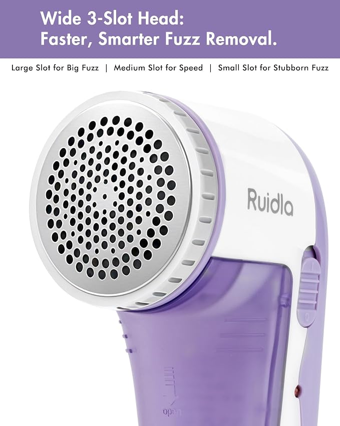 Ruidla Fabric Shaver Lint Shaver Defuzzer, Rechargeable Lint Remover | Electric Sweater Shaver with Replaceable Stainless Steel 3-Leaf Blades,Dual Protection,Removable Bin Easy Remove Fuzz(Purple)
