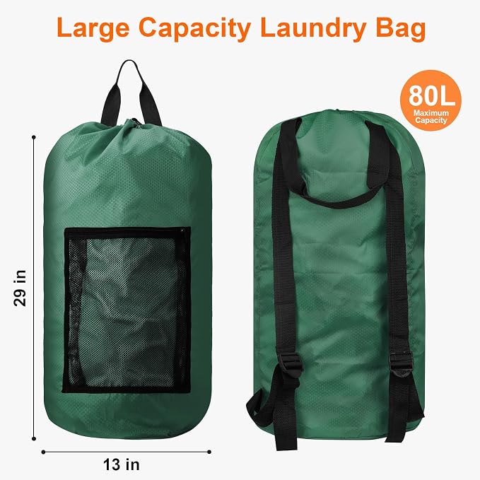 Laundry Bag Backpack Durable Laundry Bag with Shoulder Straps and Mesh Pockets Portable Laundry Hamper Dirty Clothes Bag for College, Travel, Laundromat, Apartment (Green)