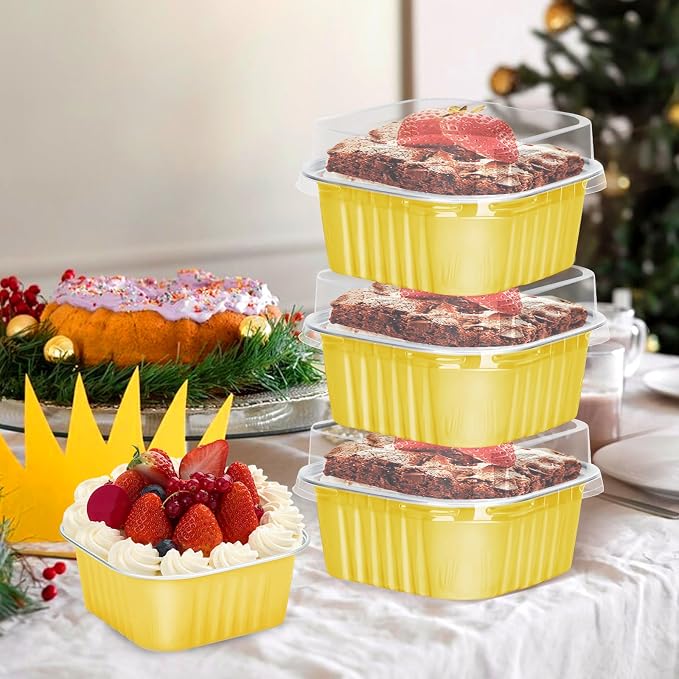 100Pack 5oz Gold Mini Cake Pans with Lids Baking Cups Aluminum Foil Pans Tins, Individual Dessert Cups Containers for Sales,Party,Picnics