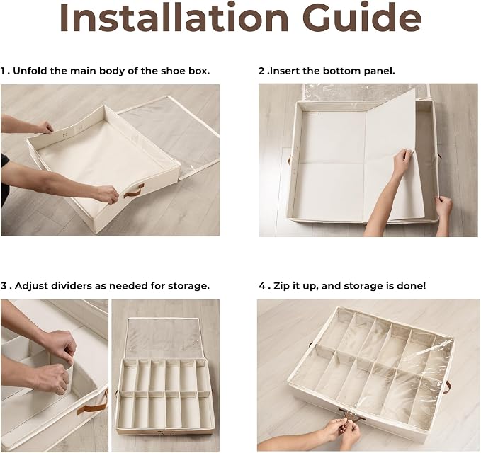 StorageWorks 2-Pack 24-Pair Under Bed Shoe Storage Organizer, Beige | Adjustable Dividers, Up to 12 Pairs Each, 5.25" Height, Fits 6-inch+ Clearance, Clear Top, Soft Handles, For Closet, Bedroom