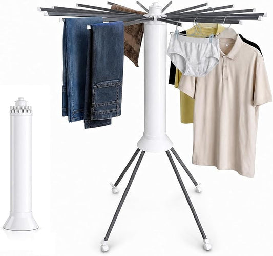 Clothes Drying Rack Foldable with Rolling Wheels, Portable Laundry Drying Rack with 16 Aluminum Arms, Stable 4-Leg Base, 360° Rotating Design for Indoor Outdoor (Single-tier without shoe rack)