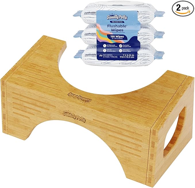 Squatty Potty Bamboo Flip Stool (7″ & 9″ Adjustable) + Plant‑Based Flushable Wipes Bundle — Enhanced Bathroom Posture & Fresh Clean
