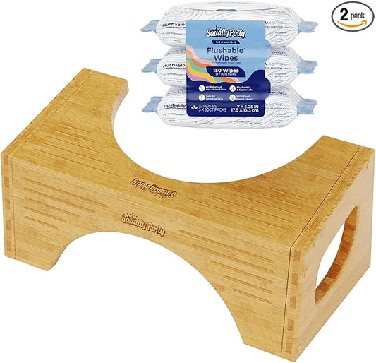 Squatty Potty Bamboo Flip Stool (7″ & 9″ Adjustable) + Plant‑Based Flushable Wipes Bundle — Enhanced Bathroom Posture & Fresh Clean