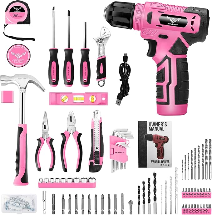 JENABOM 127-Piece Home Tool Set with 8V Pink Cordless Drill | With Portable Toolbox, Hand Tools for Home Repair, DIY Projects & Daily Use, Gift for Women & Men