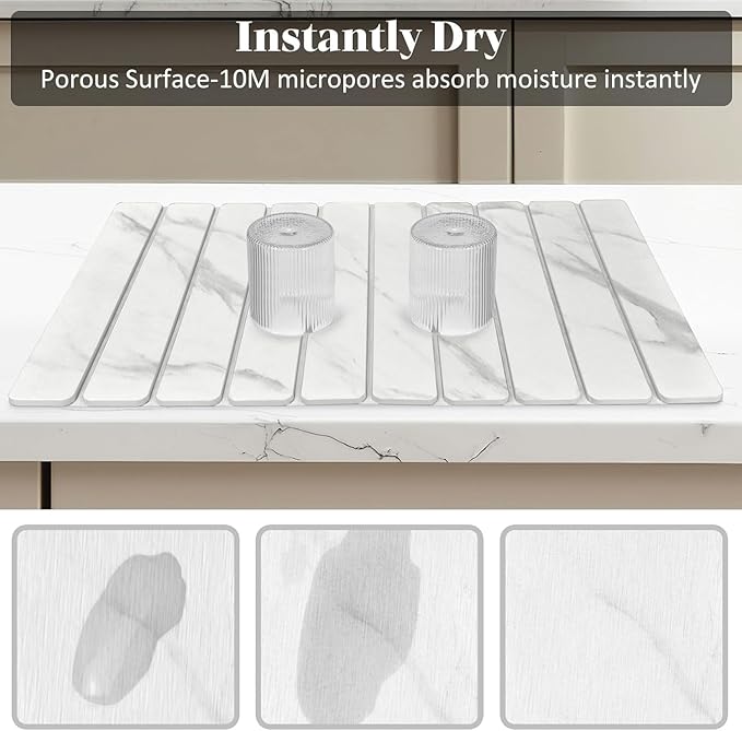 Large Stone Dish Drying Mats for Kitchen Counter, 24"×16" Marble-Pattern, Fast Drying Collapsible Dish Drying Mat, Non - Slip Collapsible Absorbent Mat for Multi - Purpose, Match Any Countertop【White】