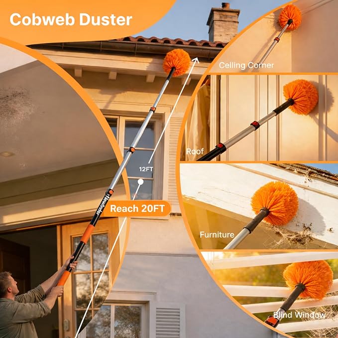 20ft High Ceiling Duster Kit, 4-12ft Heavy-Duty Extension Pole, Long Handle | Ceiling Fan Duster, Cobweb Duster, Microfiber Duster, Window Squeegee & Cleaner, Wall Duster for High Reach Cleaning, 11Pcs