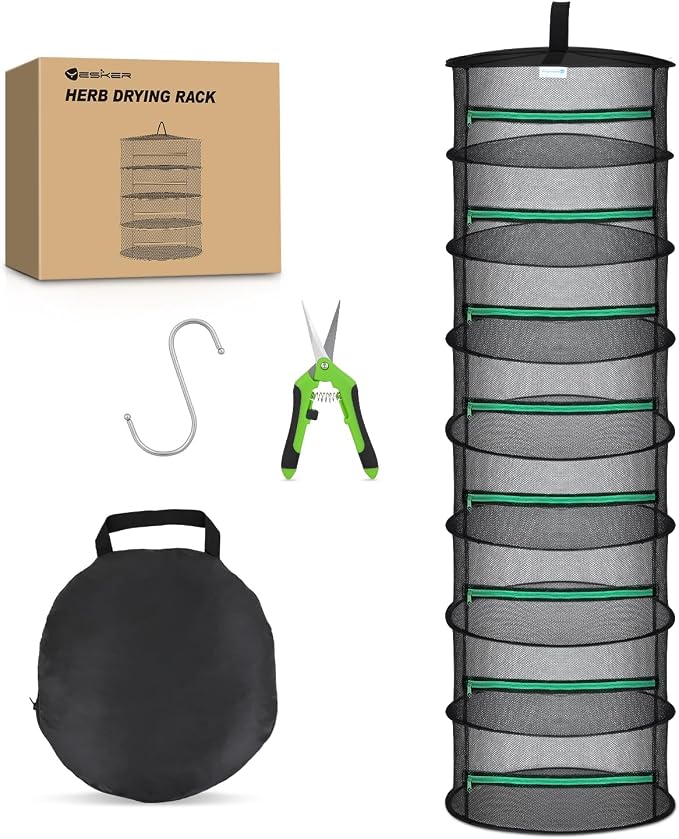 Yesker 8 Layer Herb Drying Rack Hanging Mesh Net Foldable Plant Drying Racks 24" w Green Zipper Pruning Shears Hook Dryer Hanging Rack for Herbs Seed Bud Fruit Clothes Grow Tent Closets Garden Outdoor