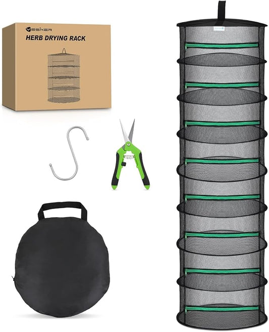 Yesker 8 Layer Herb Drying Rack Hanging Mesh Net Foldable Plant Drying Racks 24" w Green Zipper Pruning Shears Hook Dryer Hanging Rack for Herbs Seed Bud Fruit Clothes Grow Tent Closets Garden Outdoor