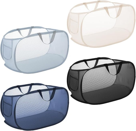 Foldable Laundry Basket Set of 4, Durable Mesh Material, Easy Carry Handles, Perfect for Home, Dorm, Travel - Beige, Navy, Black, Grey