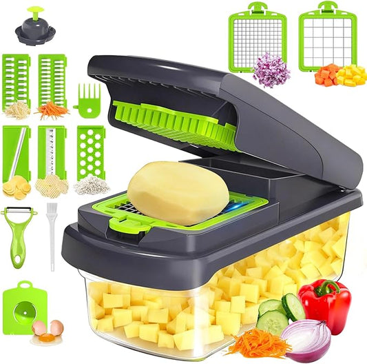 15 in 1 Manual Vegetable Chopper with Container, Veggie Slicer Dicer Set with 10 Sharp Blades, Heavy Duty Food Chopper for Meal Prep, Onion & Potato Cutter, No-Slip Base, Easy Clean Kitchen Gadget