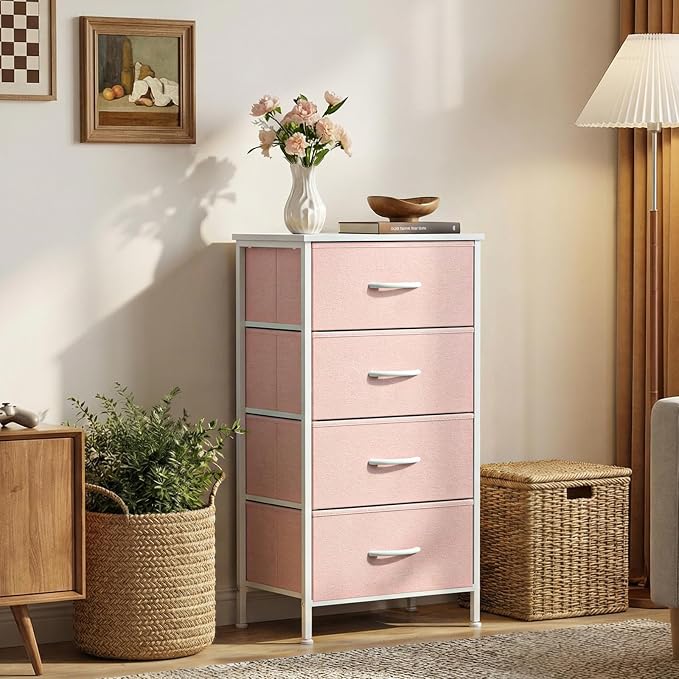 Sweetcrispy Dresser for Bedroom, 4 Drawer Storage Cabinet, Tall Nightstand | Small Fabric Dresser for Closet, Chest of Drawers, Closet Organizer, Home Furniture, Sturdy Frame, Pink