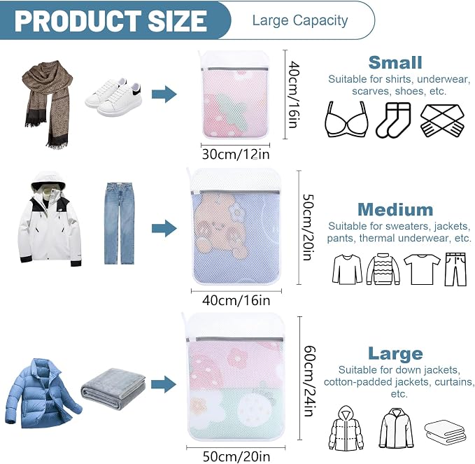 3-Pack Durable Honeycomb Mesh Laundry Bags for Delicates, M + L + XL | 120gsm Honeycomb Mesh, Sturdy Zipper, Protect Delicates, Reusable, Washer & Dryer Safe, For College, Dorm, Home and Travel