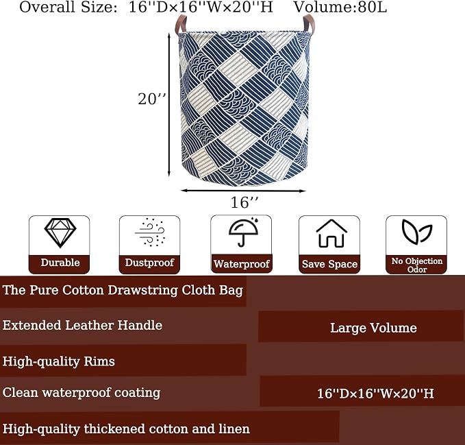 80L Waterproof Laundry Hamper in Family Leather Handle Laundry Basket in Dormitory Collapsible Laundry Bag in Nursery (91-Satisfied laundry hampers)